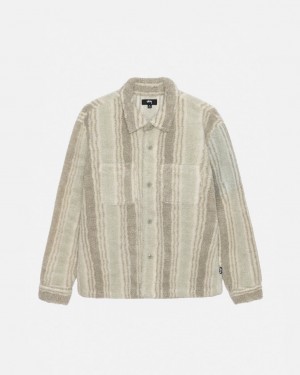 Beige Men's Stussy Striped Sherpa Shirts Bangkok | Thailand BNT-3760