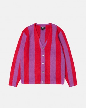 Purple Men's Stussy Stripe Brushed Cardigan Sweaters Bangkok | Thailand RMI-4838