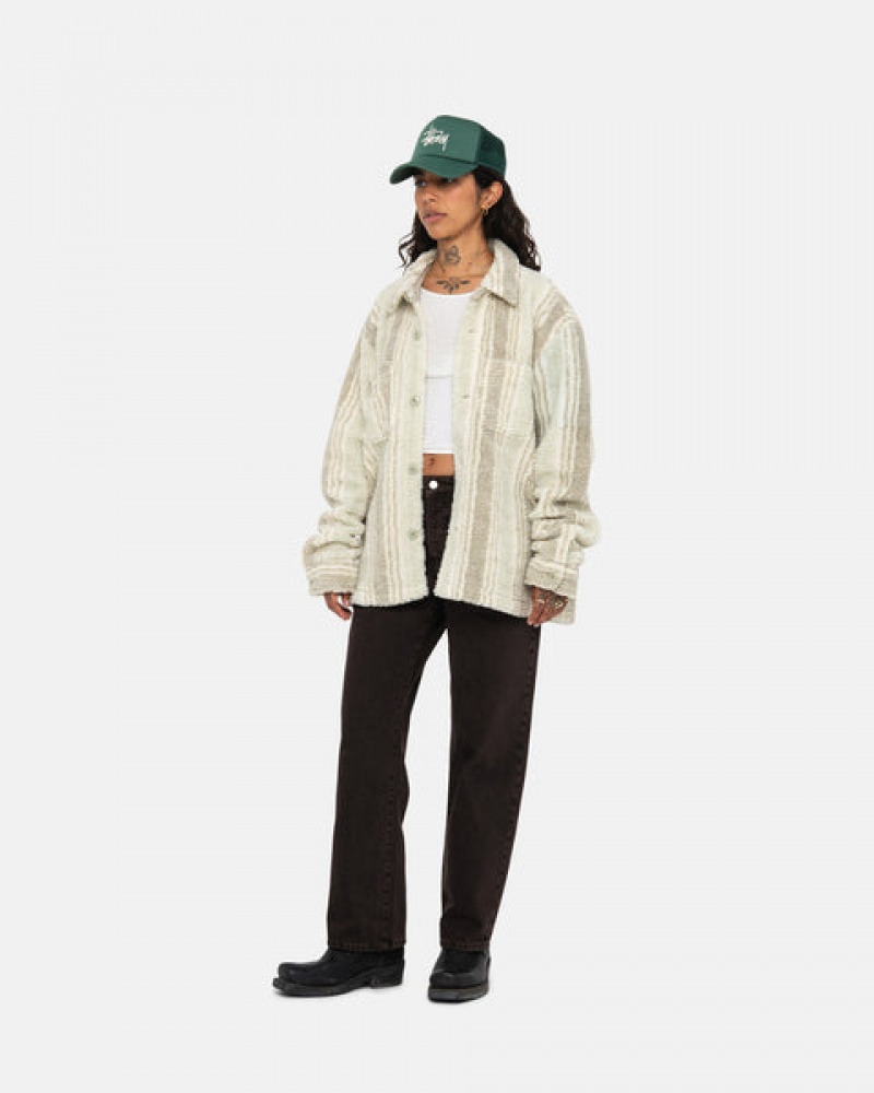 Beige Women's Stussy Striped Sherpa Shirts Bangkok | Thailand VUE-6097