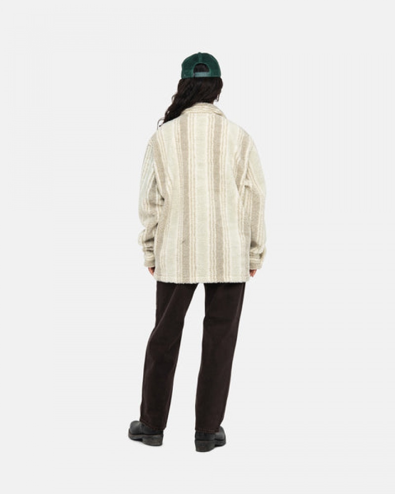 Beige Women's Stussy Striped Sherpa Shirts Bangkok | Thailand VUE-6097