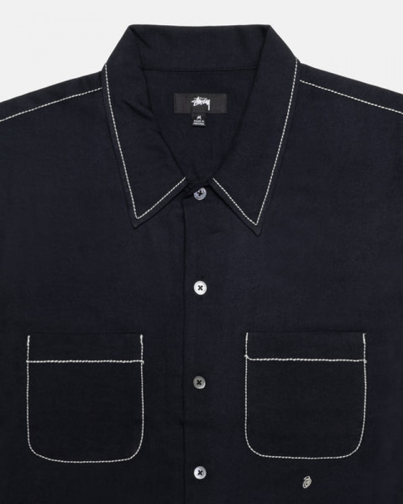 Black Men's Stussy Contrast Pick Stitched Shirts Bangkok | Thailand HAV-9867