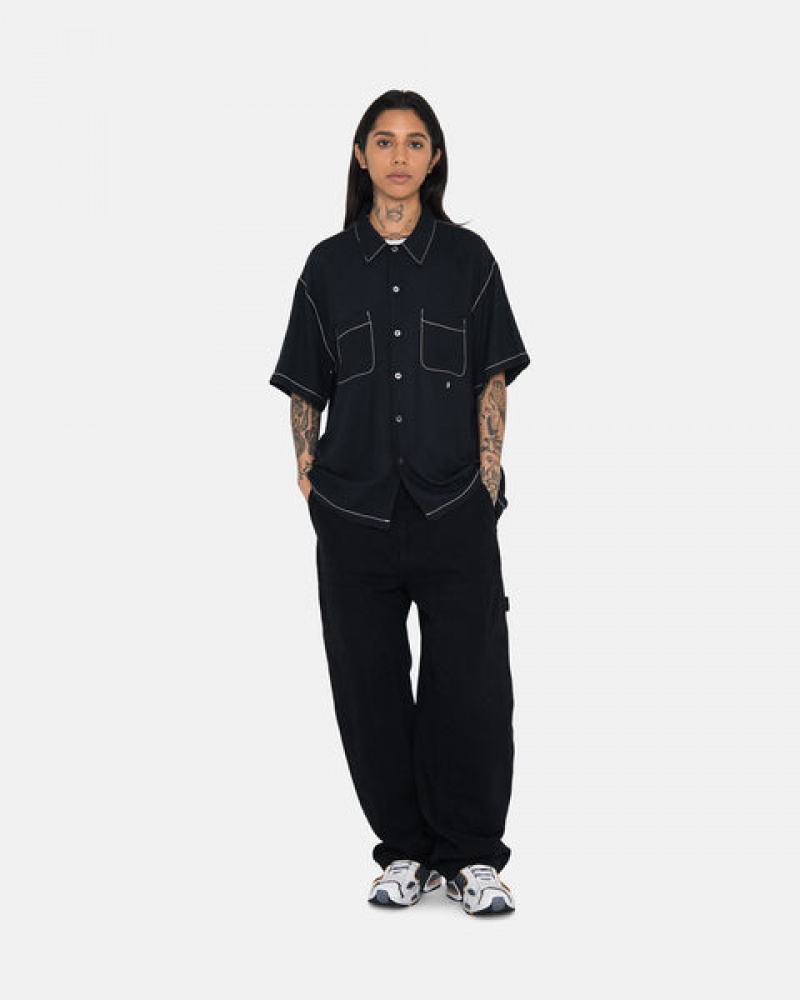 Black Men's Stussy Contrast Pick Stitched Shirts Bangkok | Thailand HAV-9867