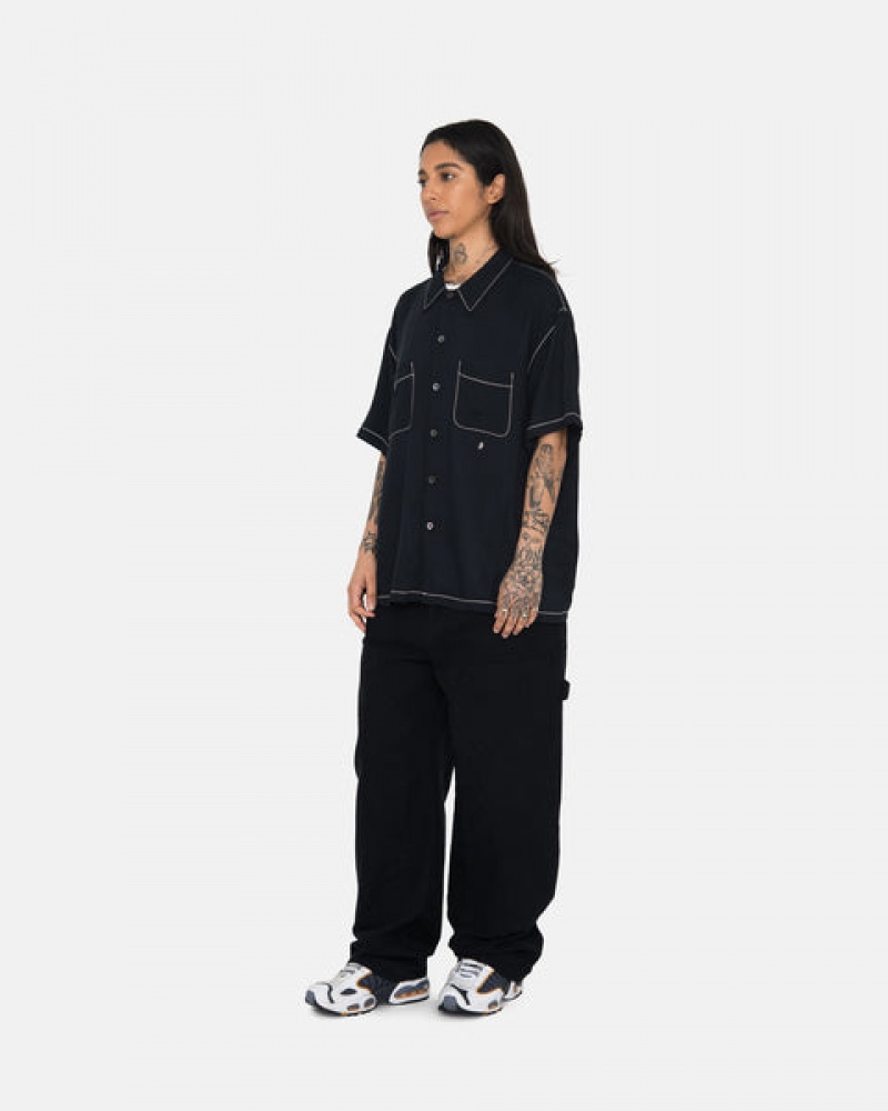 Black Men's Stussy Contrast Pick Stitched Shirts Bangkok | Thailand HAV-9867