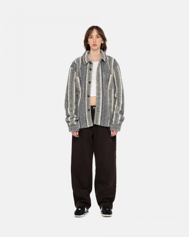 Charcoal Women's Stussy Striped Sherpa Shirt Jackets Bangkok | Thailand GCS-8324