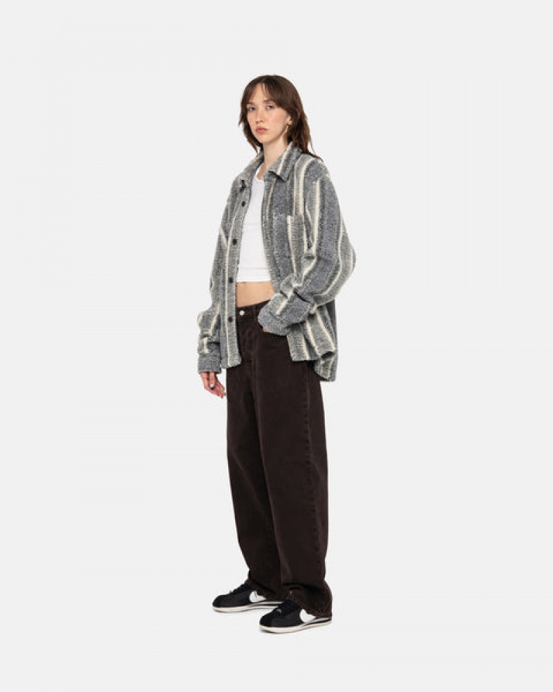 Charcoal Women's Stussy Striped Sherpa Shirt Jackets Bangkok | Thailand GCS-8324