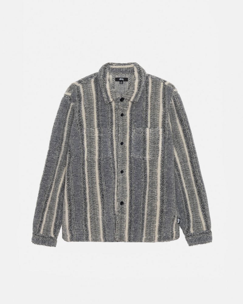 Charcoal Women\'s Stussy Striped Sherpa Shirt Jackets Bangkok | Thailand GCS-8324