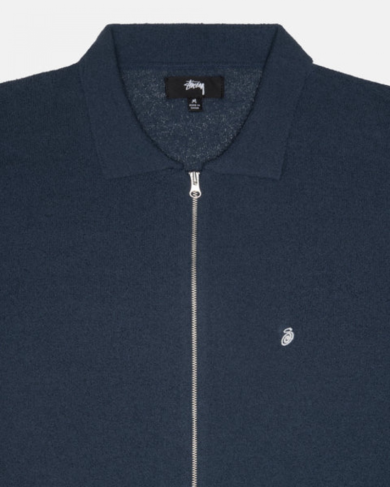 Navy Men's Stussy Light Weight Ls Zip Polo Shirts Bangkok | Thailand SFB-6387