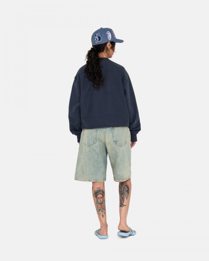 Navy Women's Stussy Overdyed Stock Logo Crew Sweatshirts Bangkok | Thailand XEA-5012