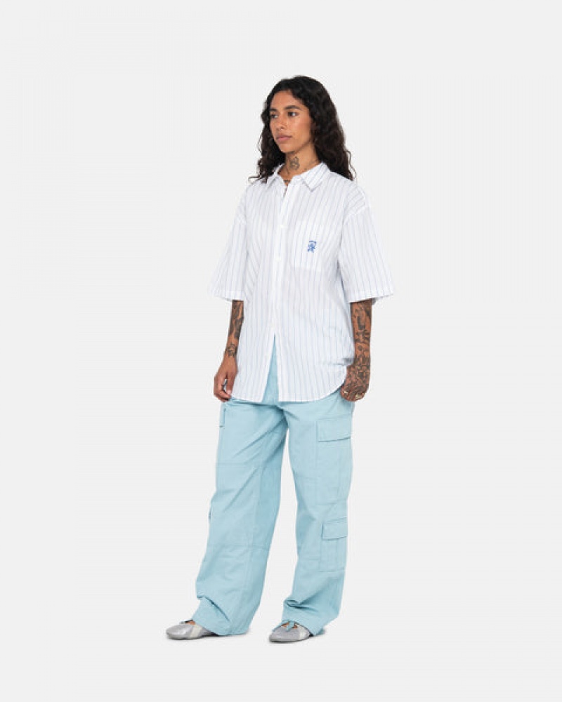 White Women's Stussy Boxy Striped Shirts Bangkok | Thailand RNC-4837